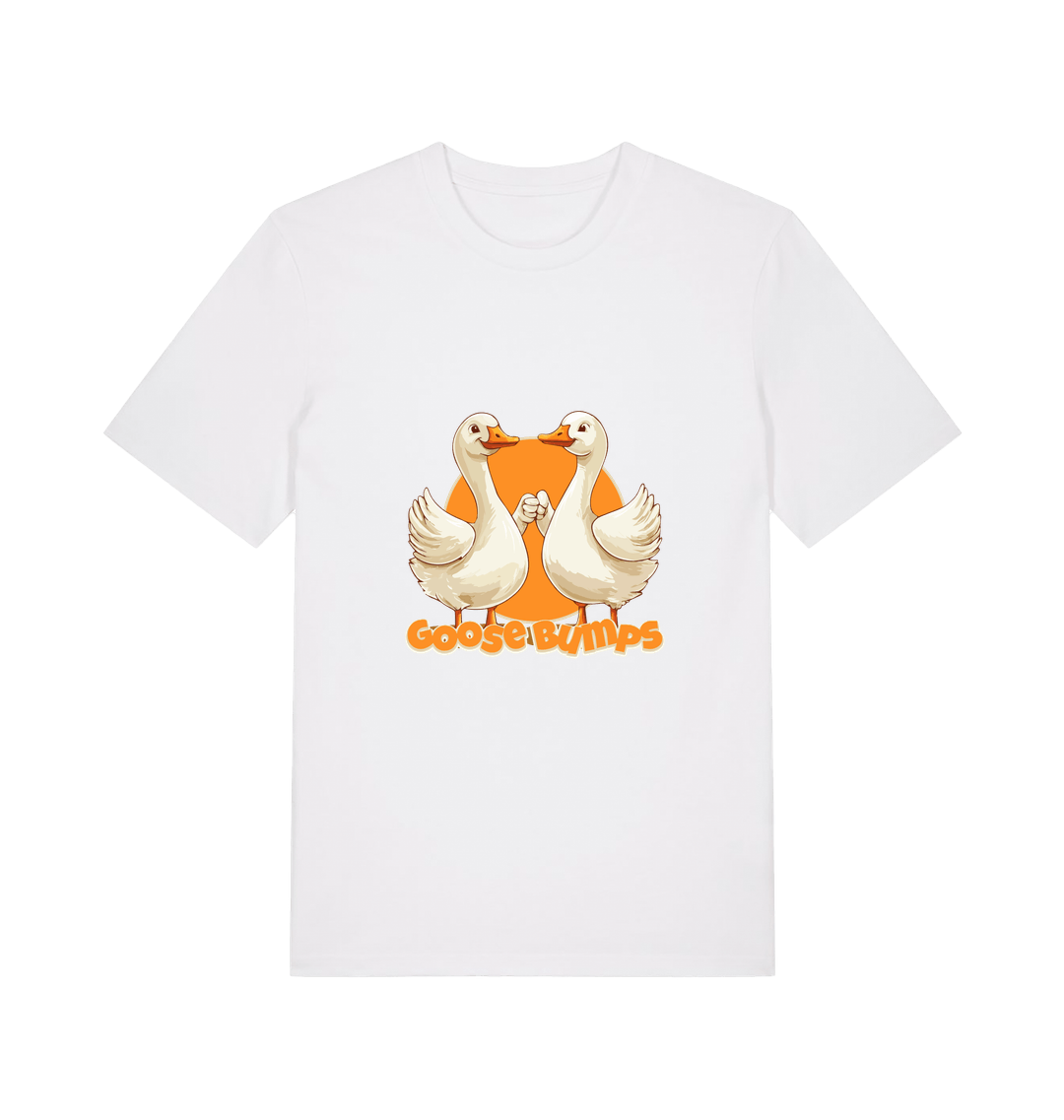 white funny animal t-shirt with the graphic of two geese fist bumping and the slogan 'goosebumps'
