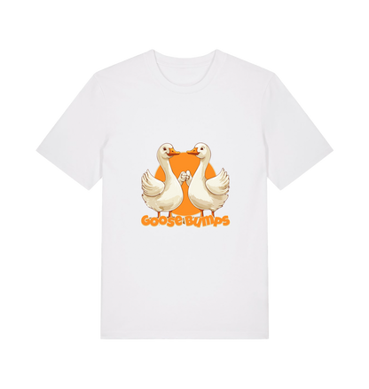 white funny animal t-shirt with the graphic of two geese fist bumping and the slogan 'goosebumps'