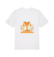 white funny animal t-shirt with the graphic of two geese fist bumping and the slogan 'goosebumps'
