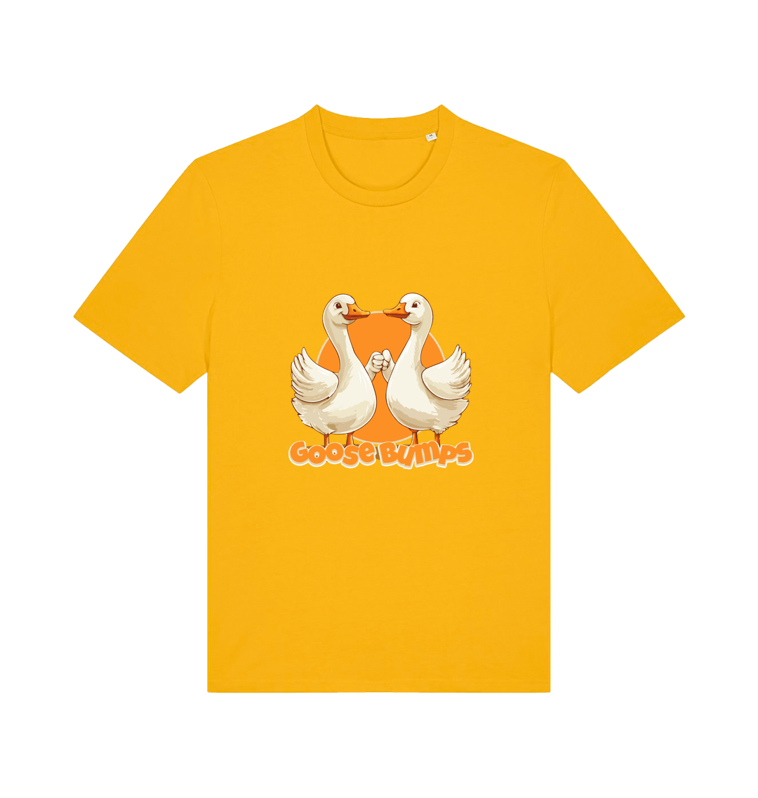 yellow funny animal t-shirt with the graphic of two geese fist bumping and the slogan 'goosebumps'