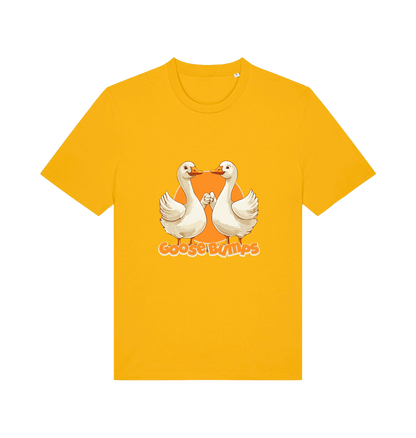 yellow funny animal t-shirt with the graphic of two geese fist bumping and the slogan 'goosebumps'