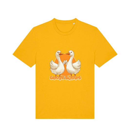 yellow funny animal t-shirt with the graphic of two geese fist bumping and the slogan 'goosebumps'