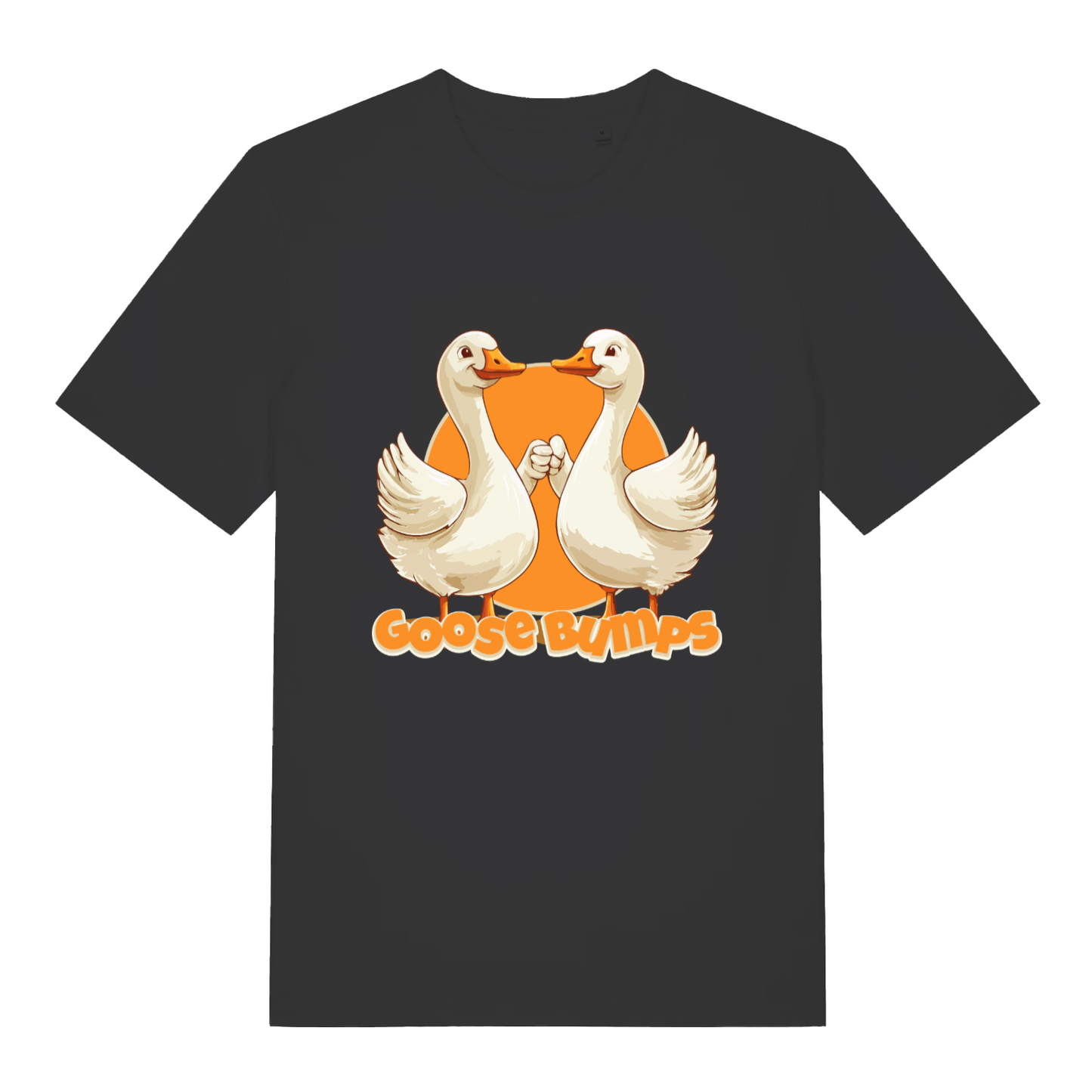 Black women's Goose Bumps T-shirt flat lay with two geese "Goose Bumps" pun graphic