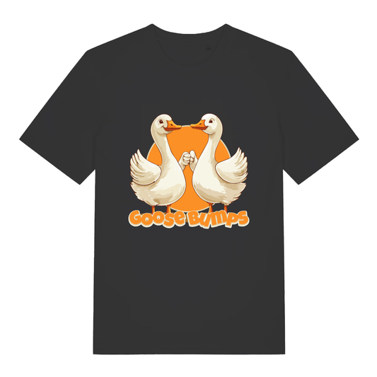 Black women's Goose Bumps T-shirt flat lay with two geese "Goose Bumps" pun graphic