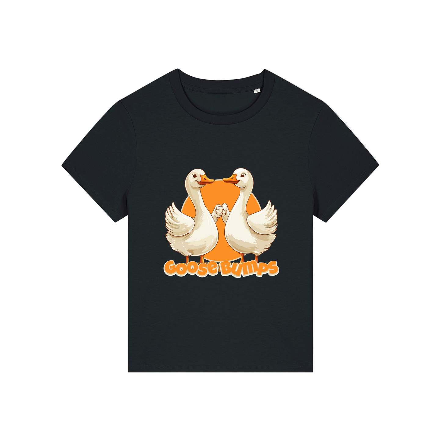 black funny animal t-shirt with the graphic of some geese fist bumping and the slogan 'goosebumps'