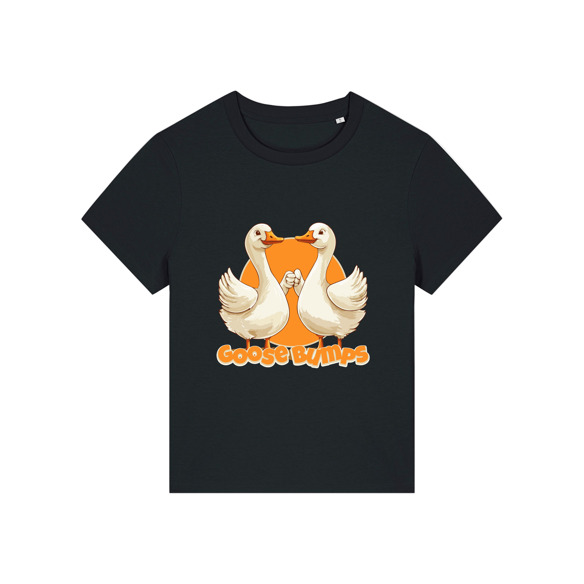 black funny animal t-shirt with the graphic of some geese fist bumping and the slogan 'goosebumps'
