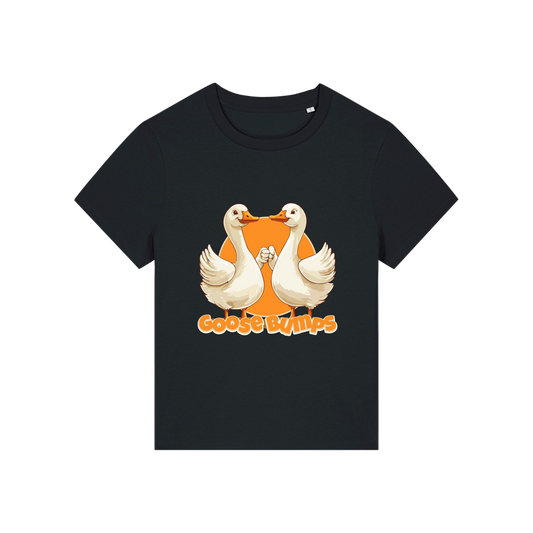 black funny animal t-shirt with the graphic of some geese fist bumping and the slogan 'goosebumps'
