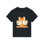 black funny animal t-shirt with the graphic of some geese fist bumping and the slogan 'goosebumps'