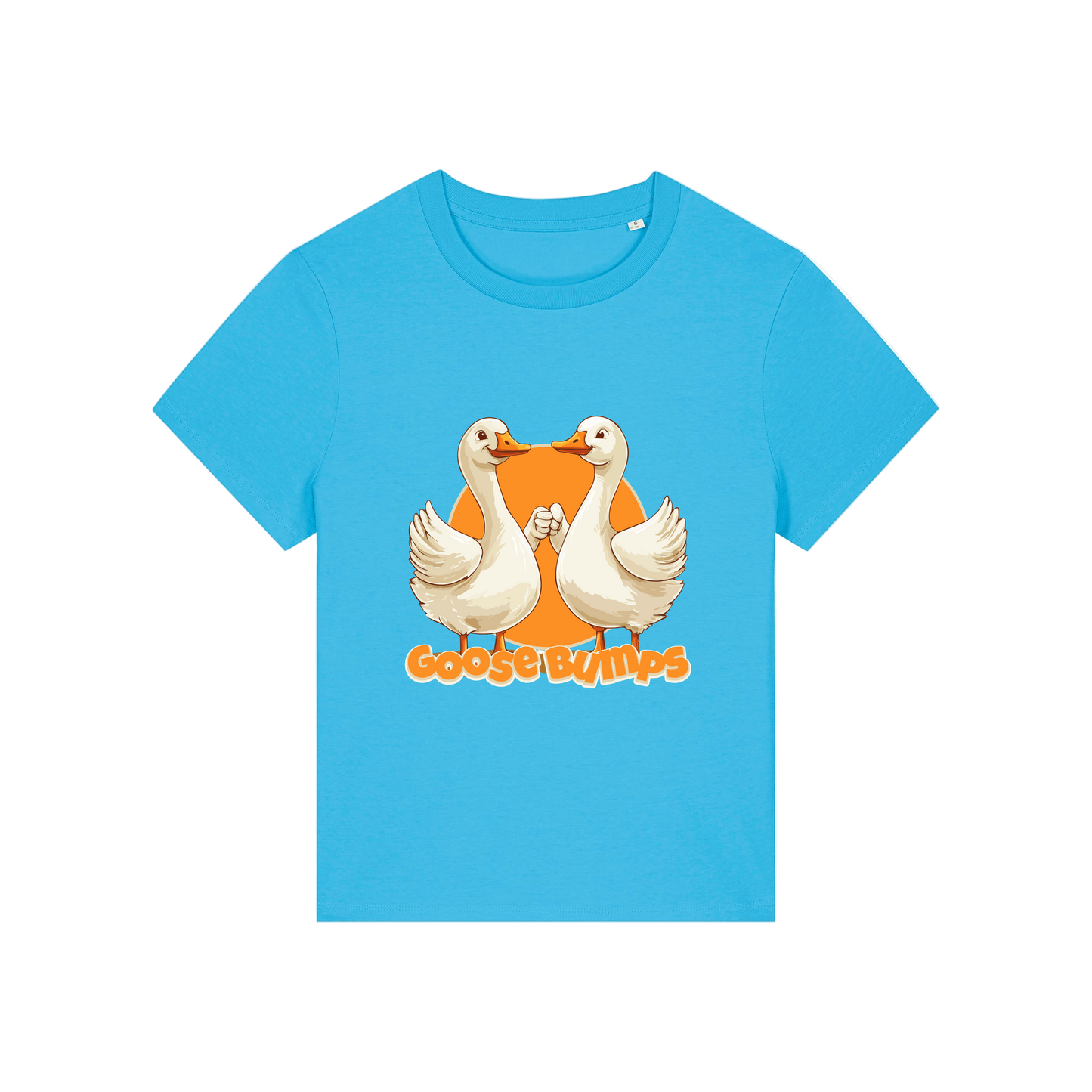 blue funny animal t-shirt with the graphic of some geese fist bumping and the slogan 'goosebumps'