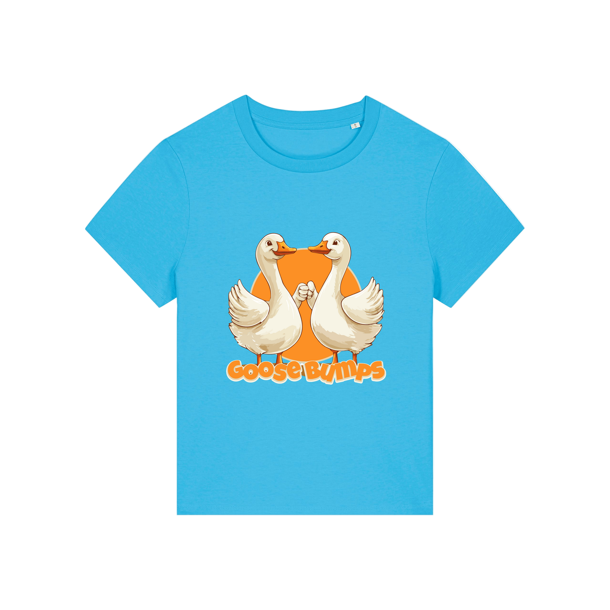 blue funny animal t-shirt with the graphic of some geese fist bumping and the slogan 'goosebumps'