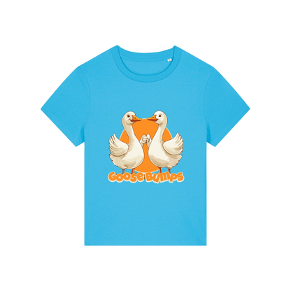 blue funny animal t-shirt with the graphic of some geese fist bumping and the slogan 'goosebumps'