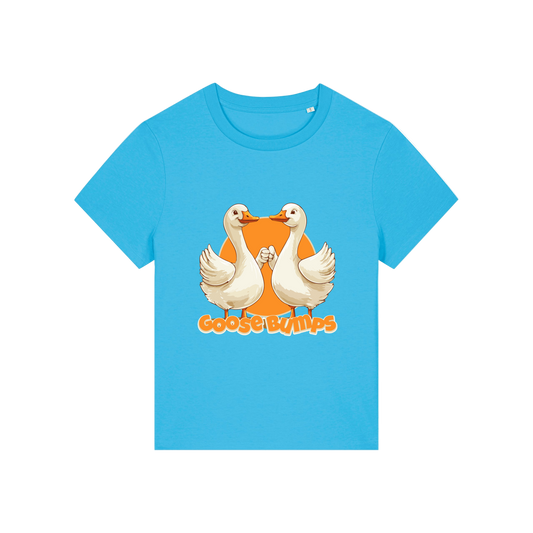 blue funny animal t-shirt with the graphic of some geese fist bumping and the slogan 'goosebumps'