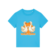 blue funny animal t-shirt with the graphic of some geese fist bumping and the slogan 'goosebumps'