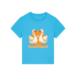 blue funny animal t-shirt with the graphic of some geese fist bumping and the slogan 'goosebumps'