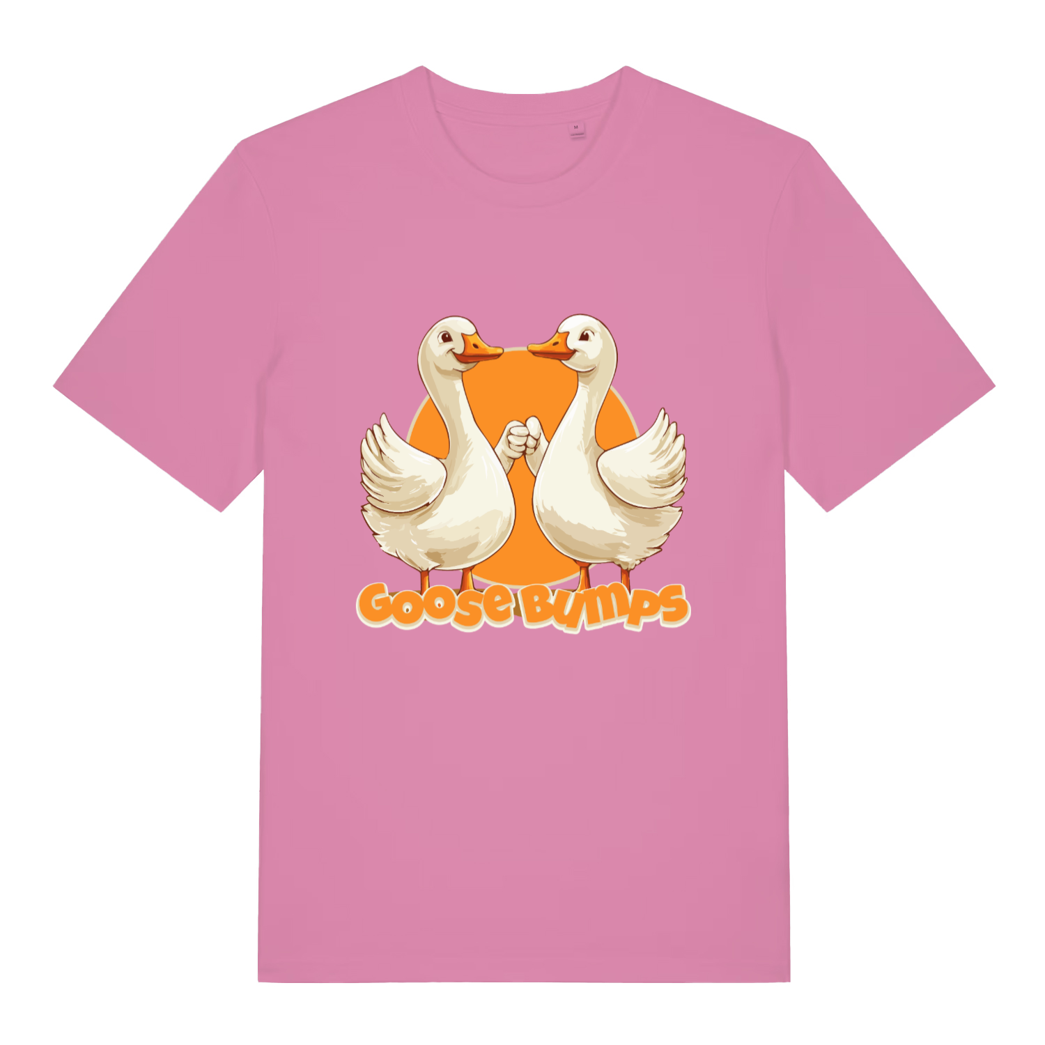 Bubble Pink women's Goose Bumps T-shirt flat lay featuring funny hand-holding geese design