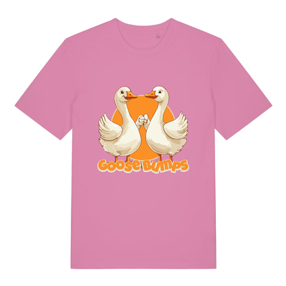 Bubble Pink women's Goose Bumps T-shirt flat lay featuring funny hand-holding geese design