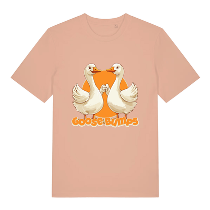 Fraiche Peche women's Goose Bumps T-shirt flat lay showing cute geese pun illustration