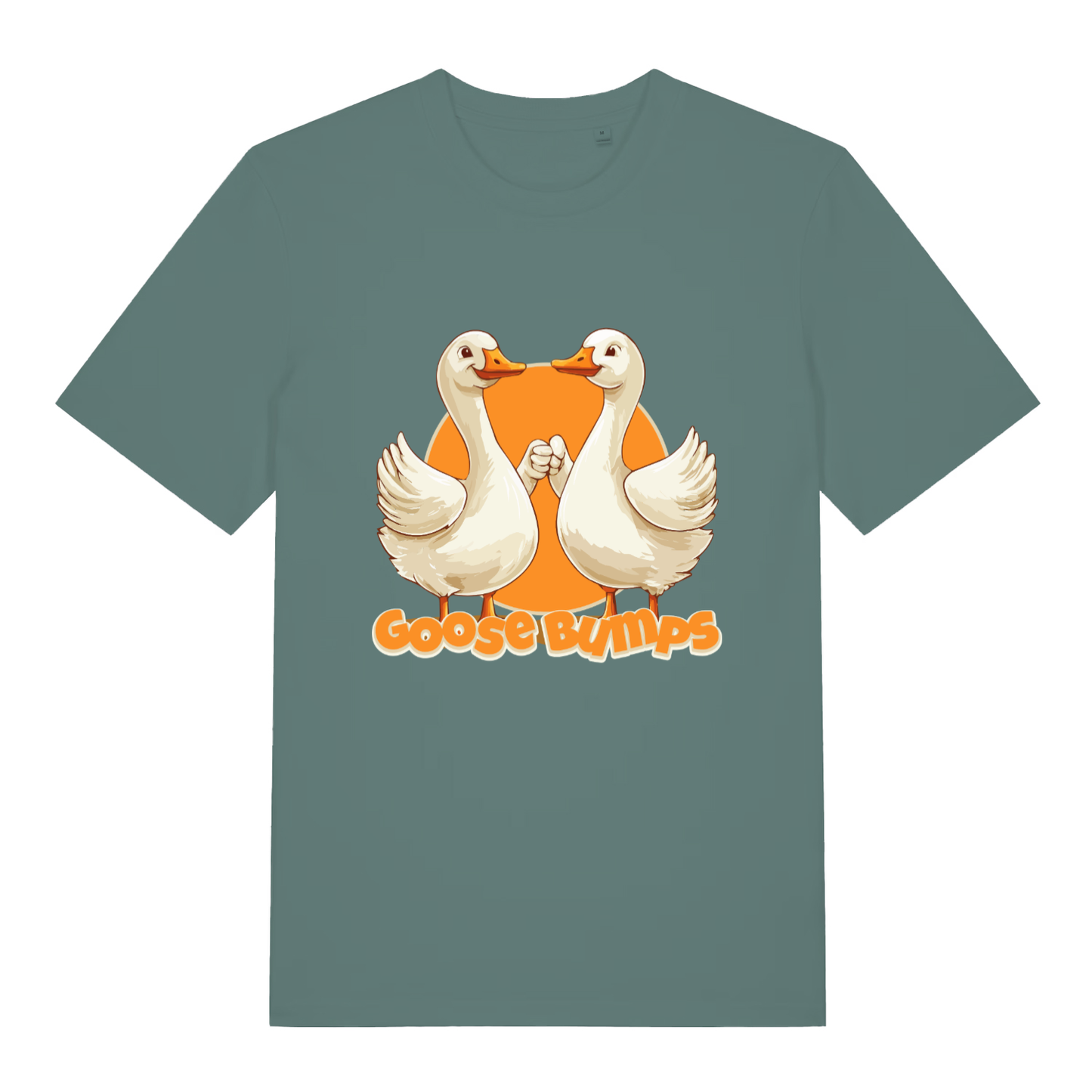 Green Bay women's Goose Bumps T-shirt flat lay displaying two geese holding hands