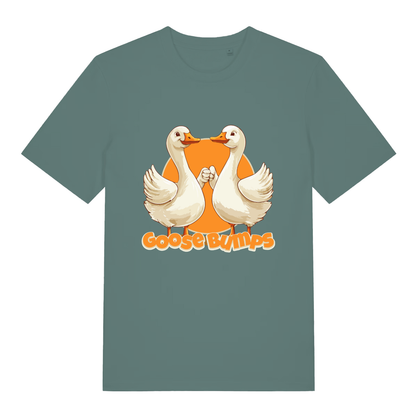Green Bay women's Goose Bumps T-shirt flat lay displaying two geese holding hands