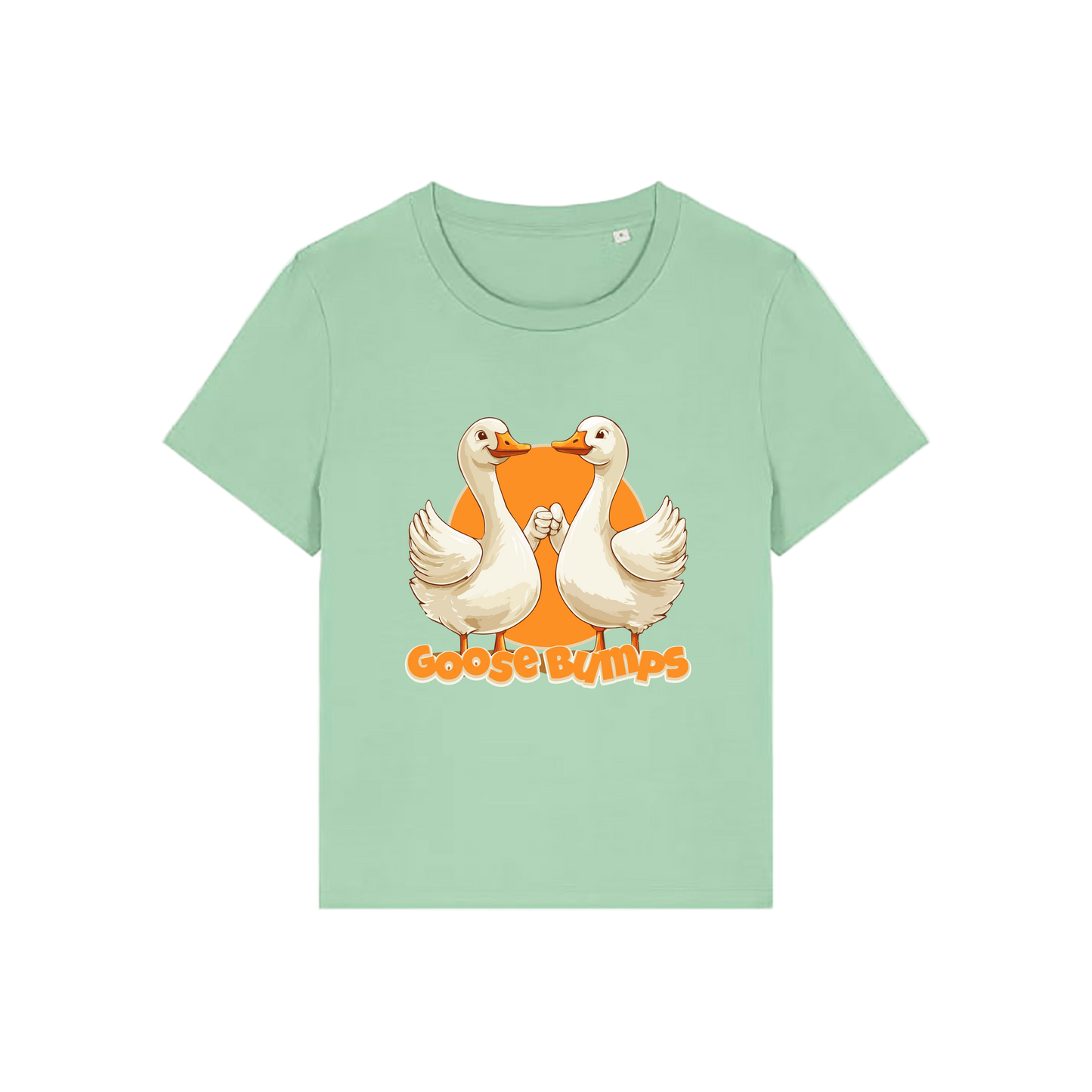 green funny animal t-shirt with the graphic of some geese fist bumping and the slogan 'goosebumps'