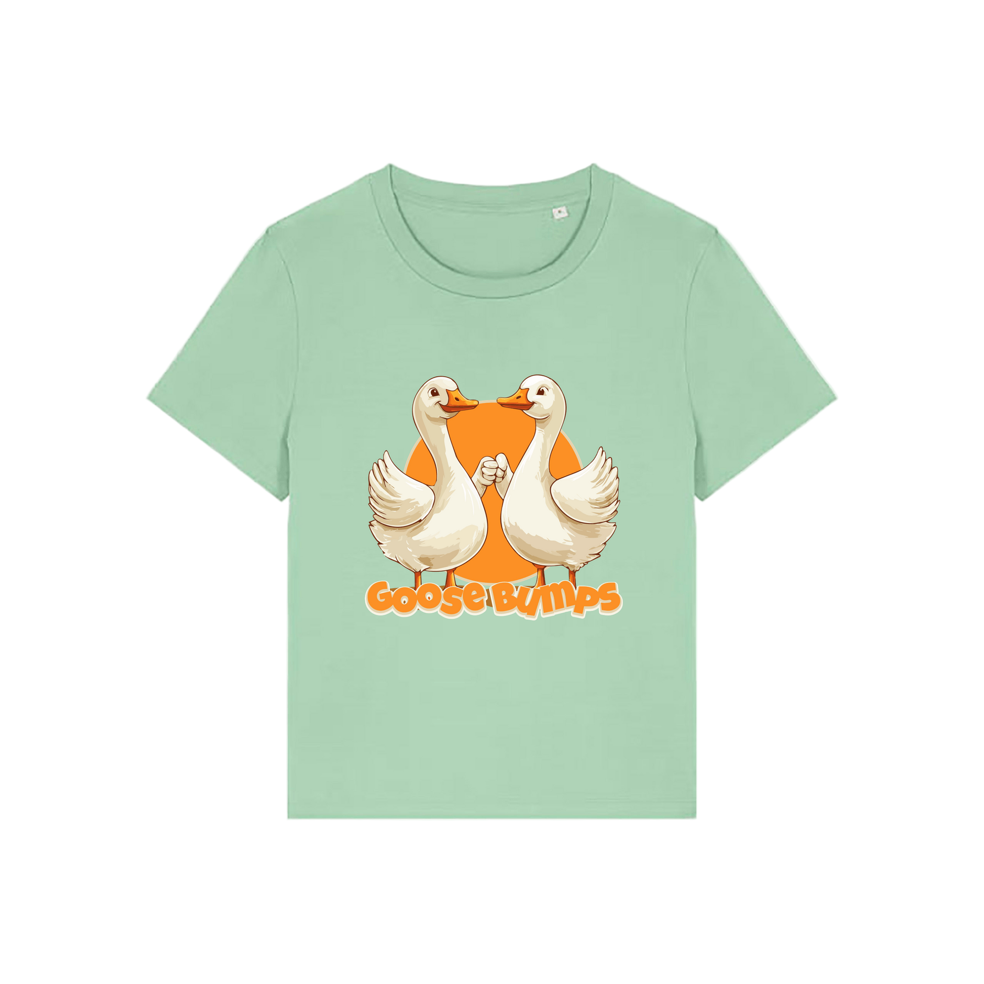 green funny animal t-shirt with the graphic of some geese fist bumping and the slogan 'goosebumps'