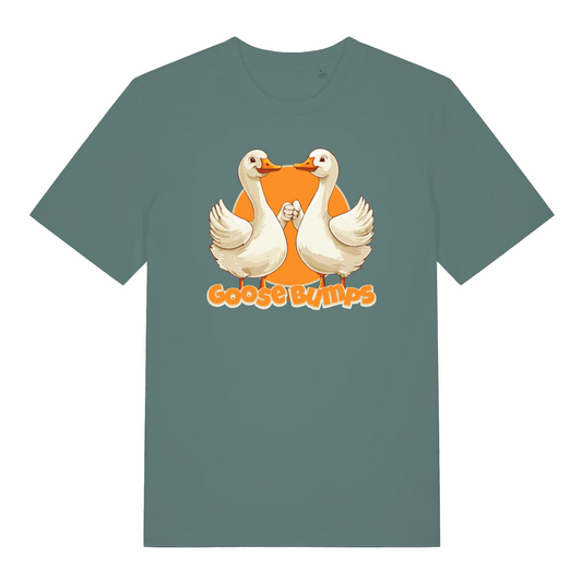 green women's funny animal t-shirt with the graphic of two geese fist bumping and the slogan 'goosebumps'