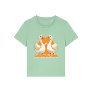 green funny animal t-shirt with the graphic of some geese fist bumping and the slogan 'goosebumps'