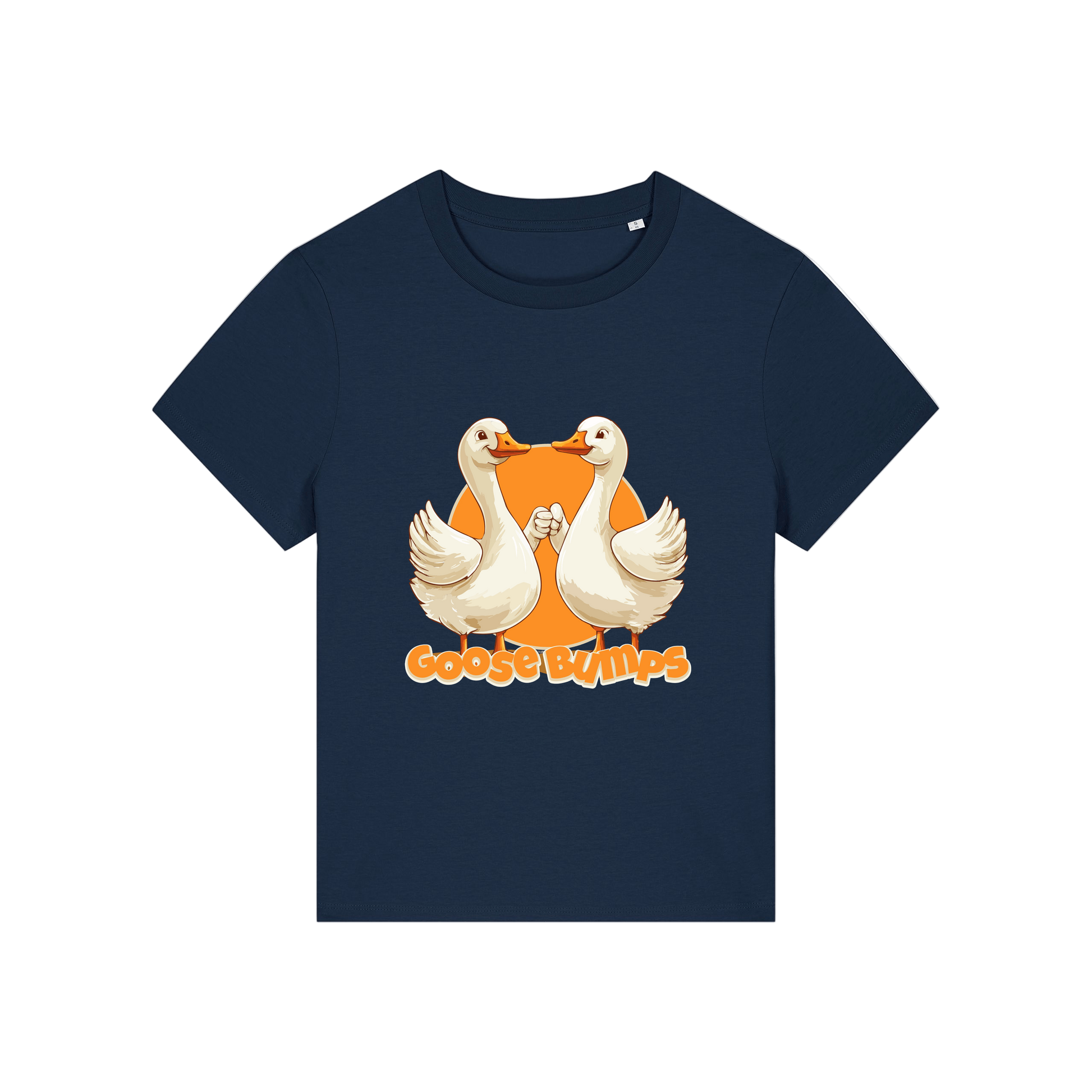 navy funny animal t-shirt with the graphic of some geese fist bumping and the slogan 'goosebumps'