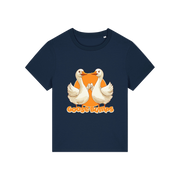 navy funny animal t-shirt with the graphic of some geese fist bumping and the slogan 'goosebumps'