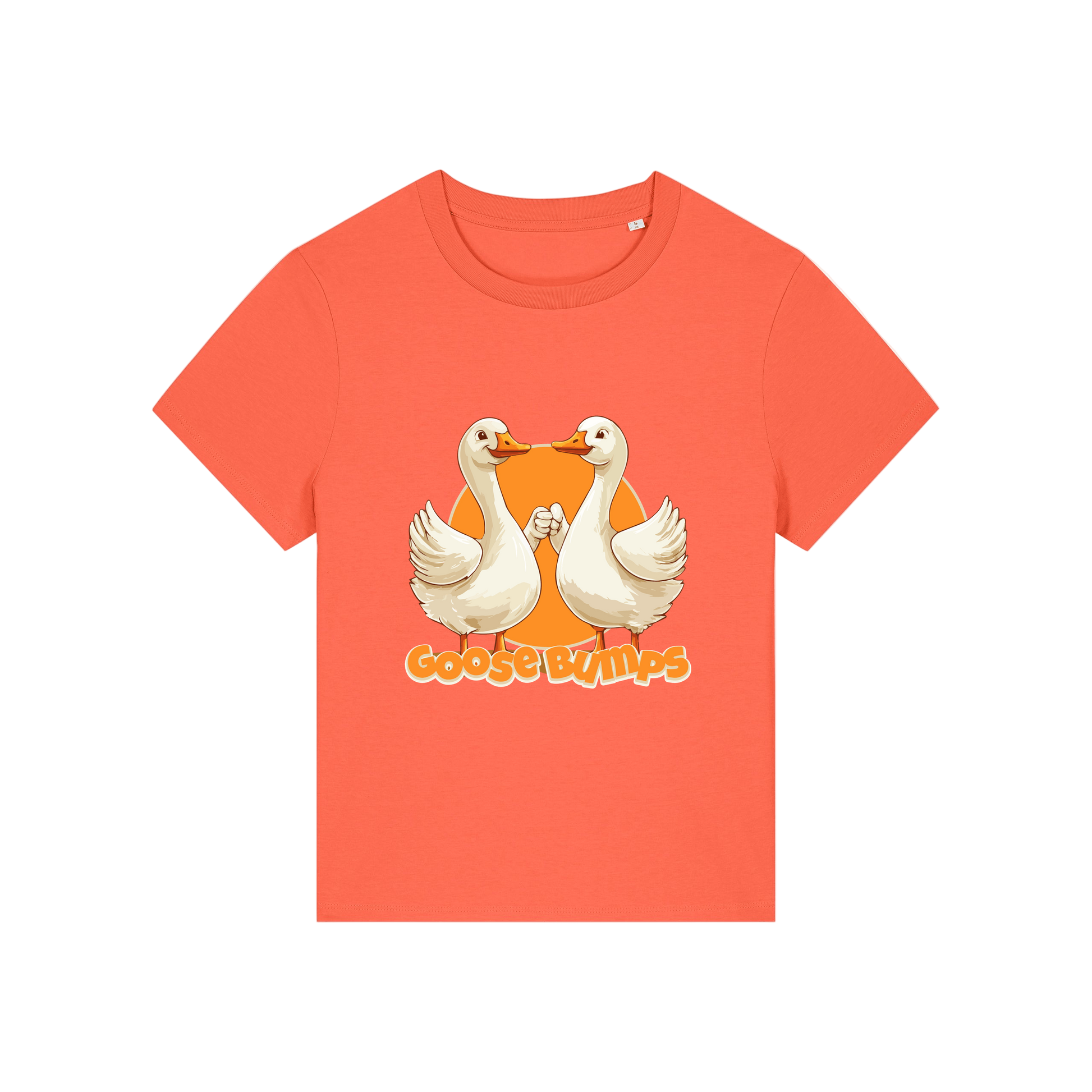 orange funny animal t-shirt with the graphic of some geese fist bumping and the slogan 'goosebumps'