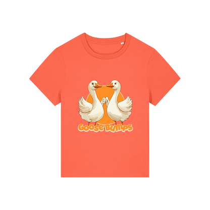 orange funny animal t-shirt with the graphic of some geese fist bumping and the slogan 'goosebumps'