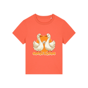 orange funny animal t-shirt with the graphic of some geese fist bumping and the slogan 'goosebumps'