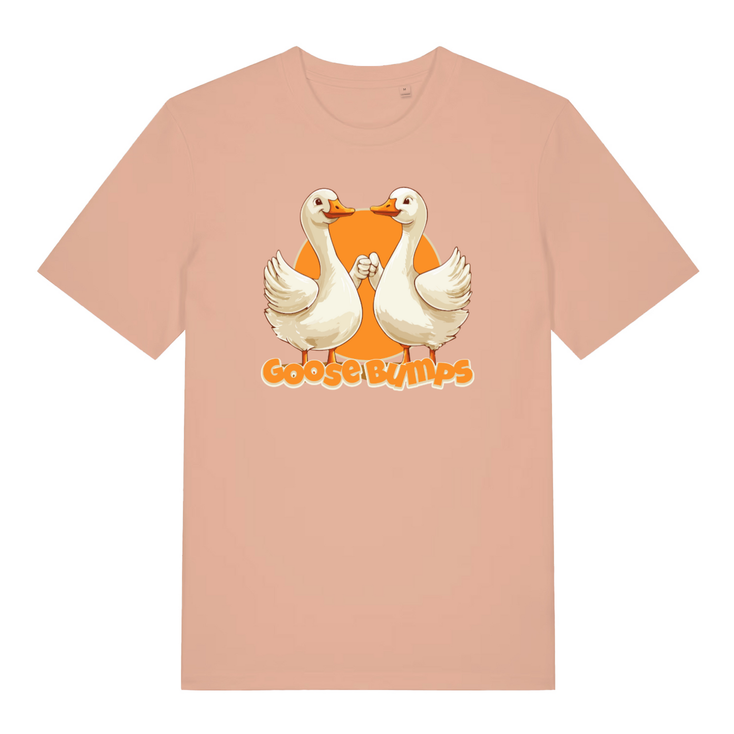 peach women's funny animal t-shirt with the graphic of two geese fist bumping and the slogan 'goosebumps'