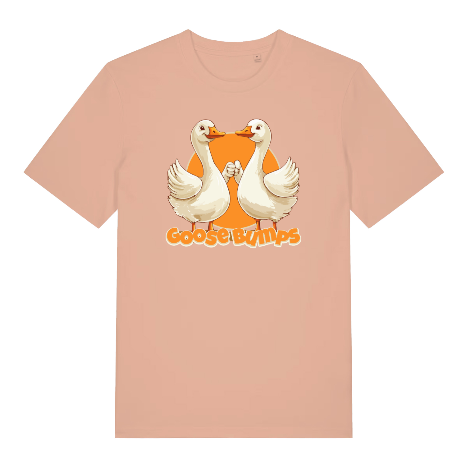 peach women's funny animal t-shirt with the graphic of two geese fist bumping and the slogan 'goosebumps'