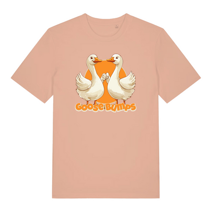 peach women's funny animal t-shirt with the graphic of two geese fist bumping and the slogan 'goosebumps'