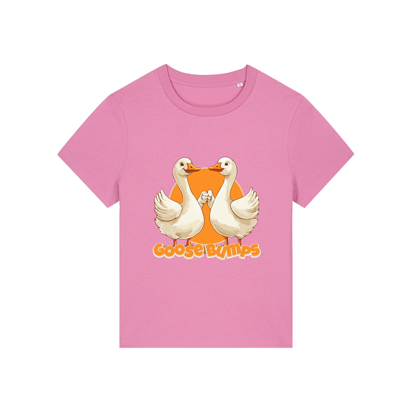 pink funny animal t-shirt with the graphic of some geese fist bumping and the slogan 'goosebumps'