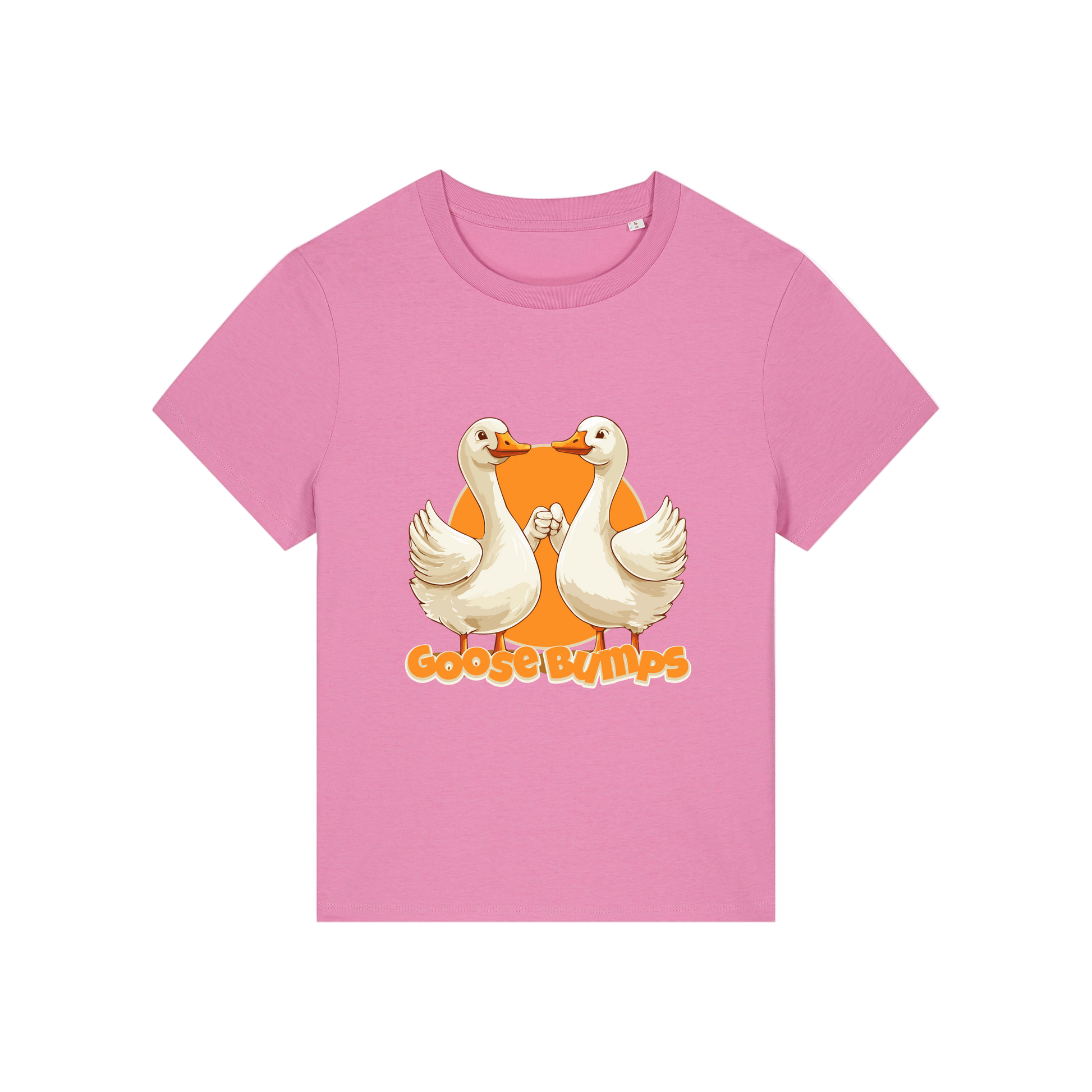 pink funny animal t-shirt with the graphic of some geese fist bumping and the slogan 'goosebumps'