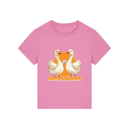 pink funny animal t-shirt with the graphic of some geese fist bumping and the slogan 'goosebumps'