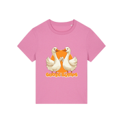 pink funny animal t-shirt with the graphic of some geese fist bumping and the slogan 'goosebumps'
