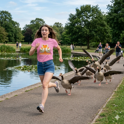 woman being chased by a flock of geese whilst wearing a pink coloured t-shirt with a goose graphic 