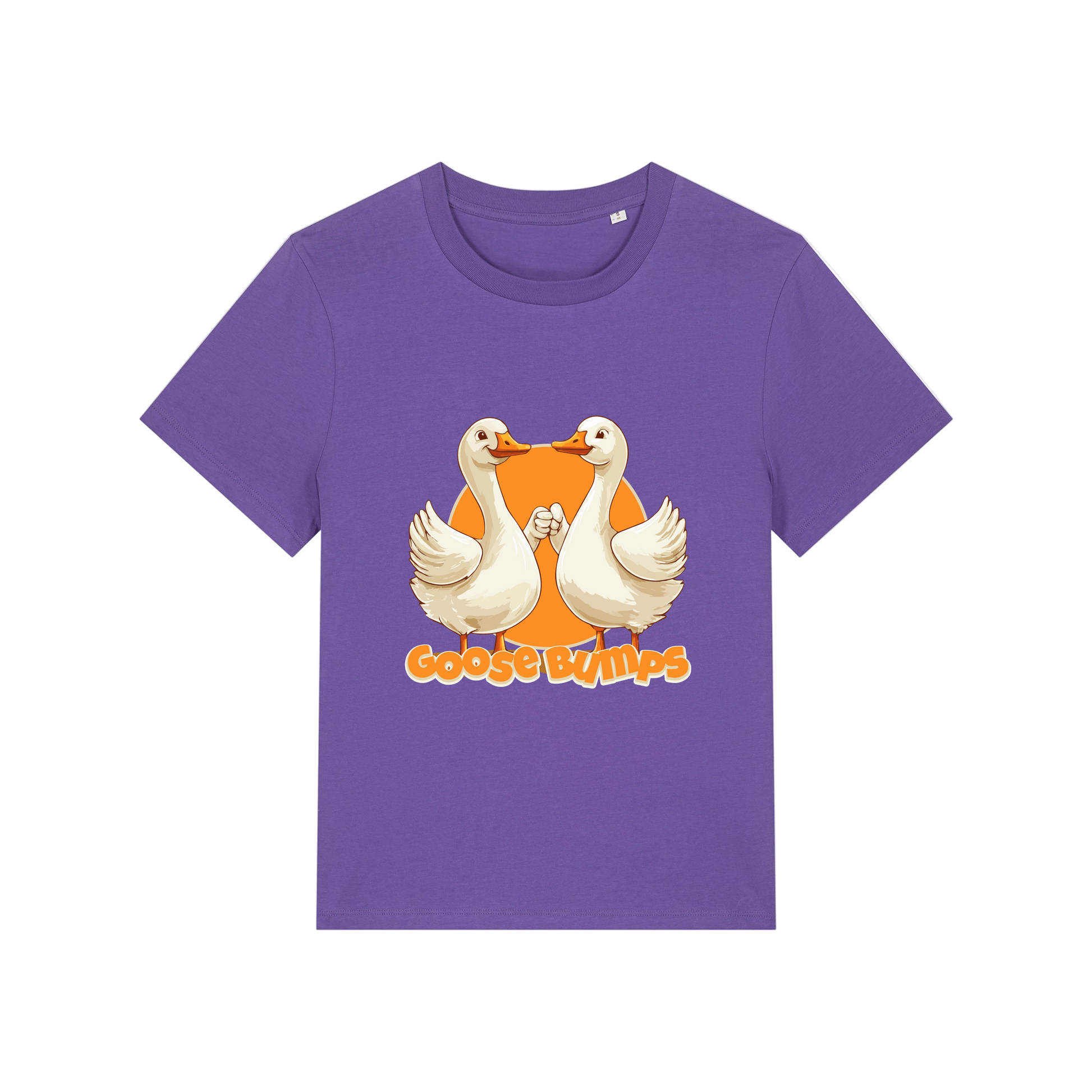 purple funny animal t-shirt with the graphic of some geese fist bumping and the slogan 'goosebumps'