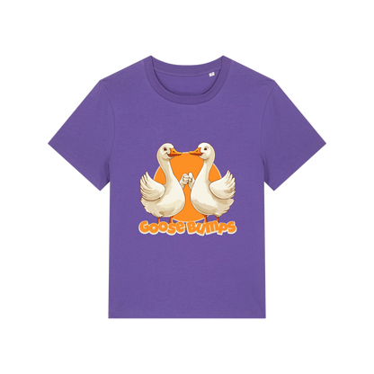 purple funny animal t-shirt with the graphic of some geese fist bumping and the slogan 'goosebumps'