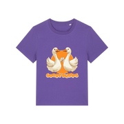 purple funny animal t-shirt with the graphic of some geese fist bumping and the slogan 'goosebumps'