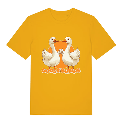 Spectra Yellow women's Goose Bumps T-shirt flat lay with humorous geese pun design