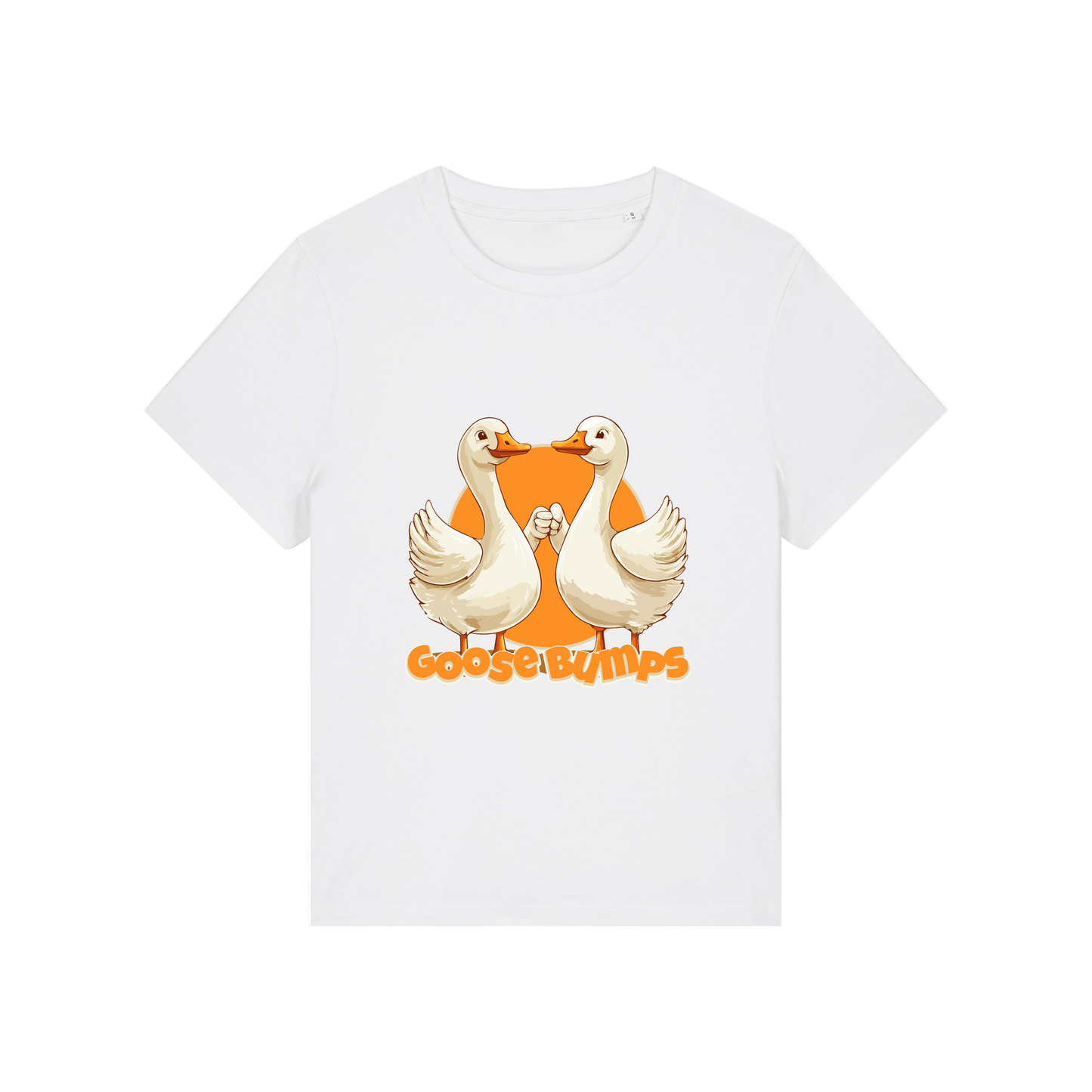 white funny animal t-shirt with the graphic of some geese fist bumping and the slogan 'goosebumps'