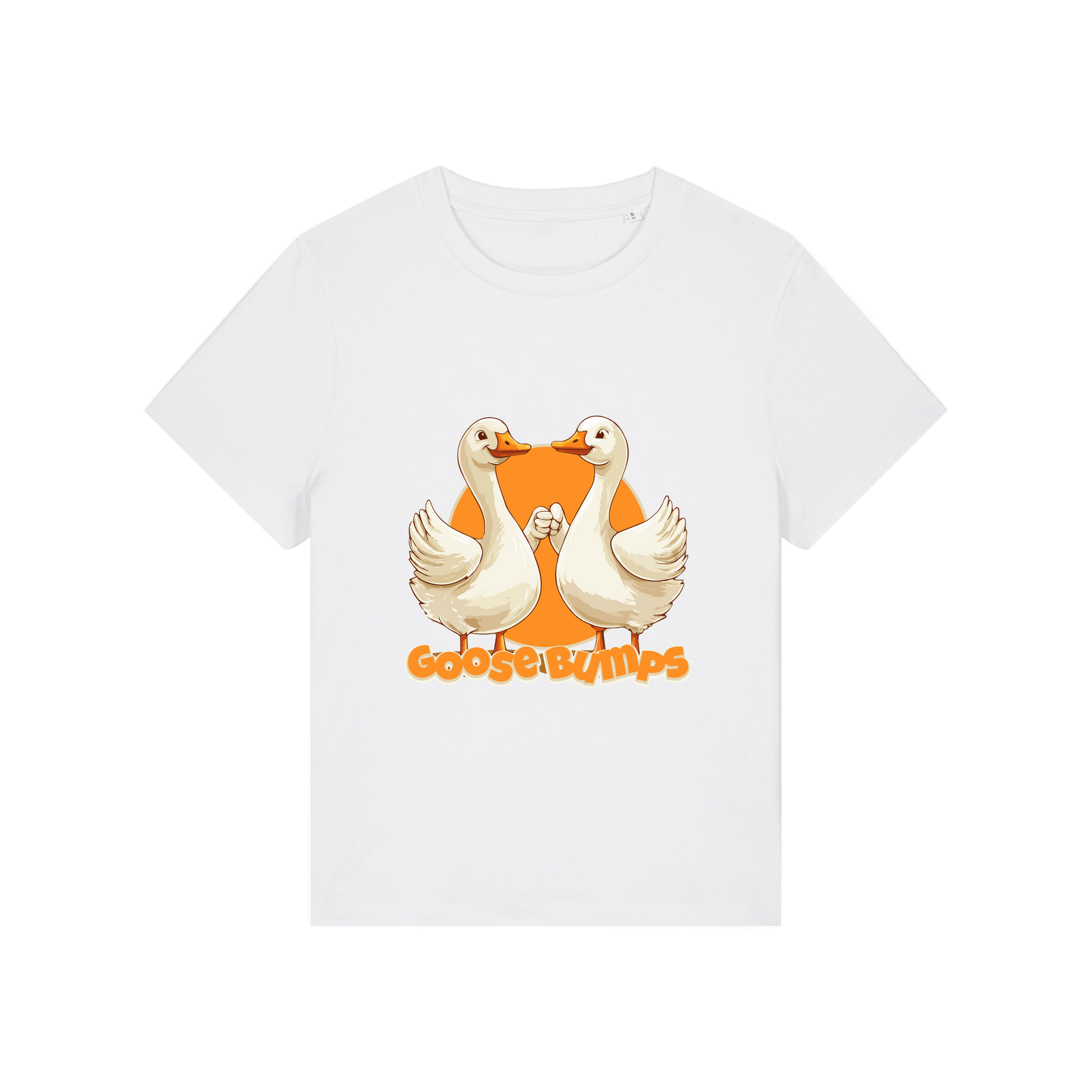 white funny animal t-shirt with the graphic of some geese fist bumping and the slogan 'goosebumps'
