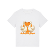 white funny animal t-shirt with the graphic of some geese fist bumping and the slogan 'goosebumps'