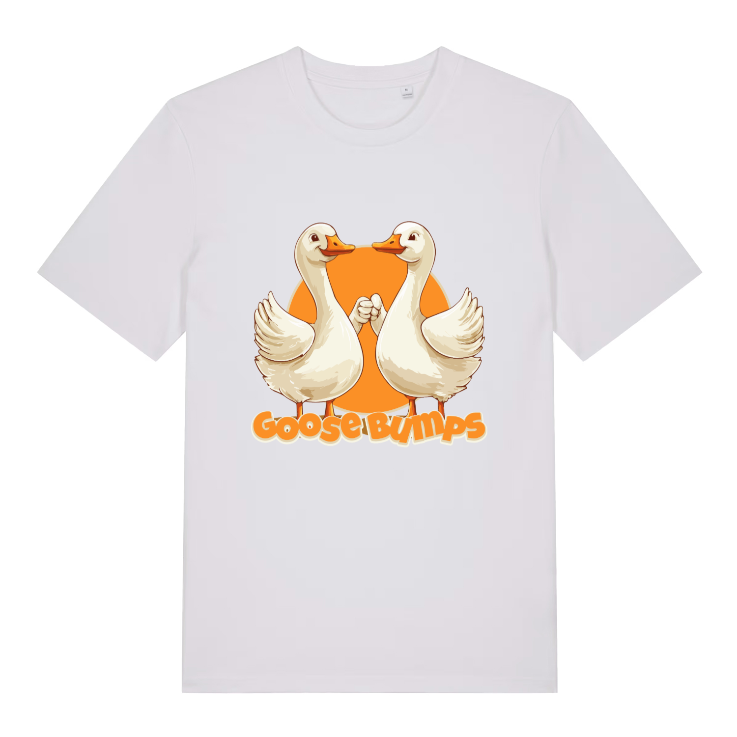White women's Goose Bumps T-shirt flat lay showing "Goose Bumps" geese illustration