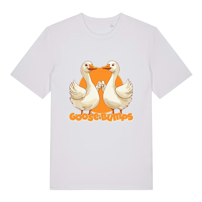 White women's Goose Bumps T-shirt flat lay showing "Goose Bumps" geese illustration