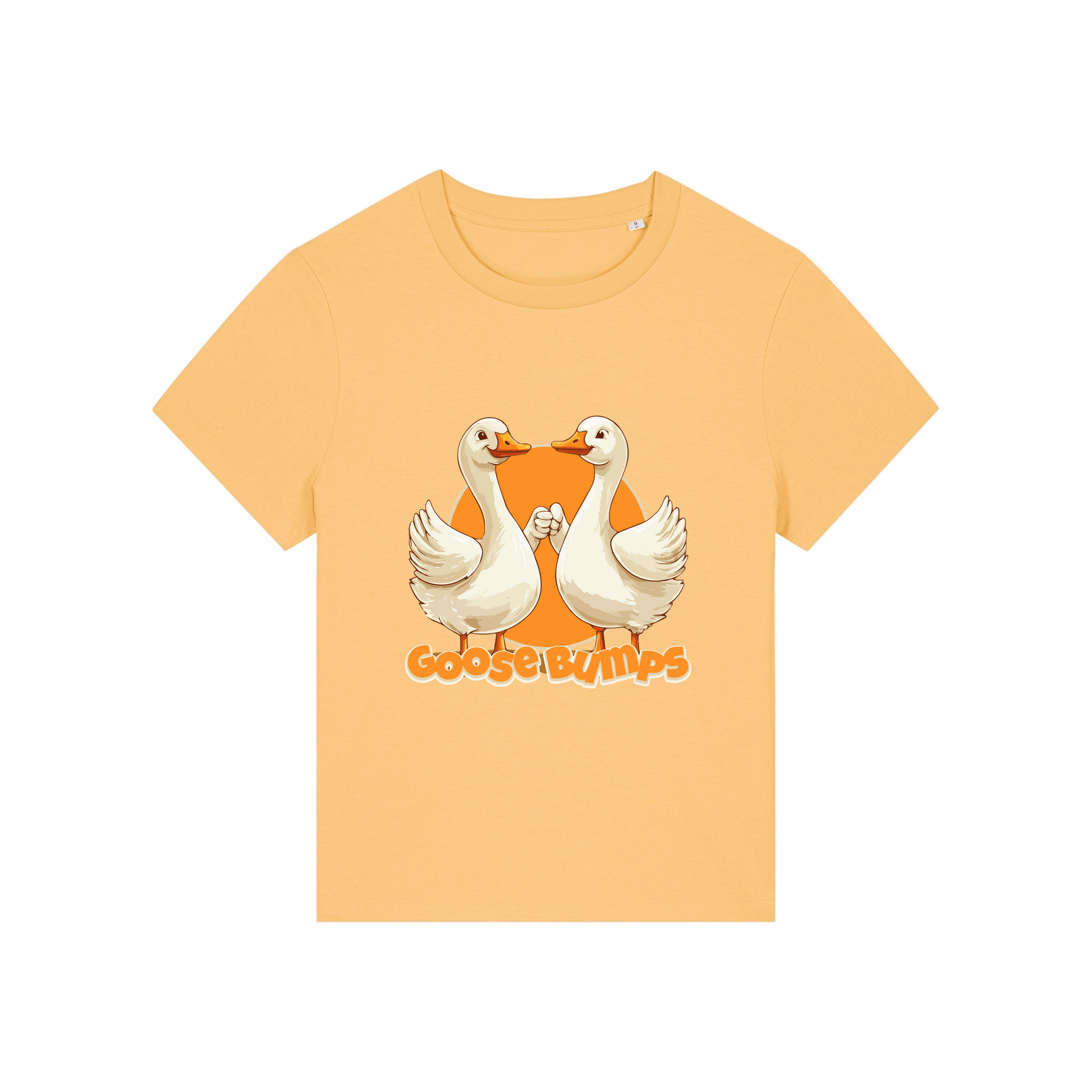 yellow funny animal t-shirt with the graphic of some geese fist bumping and the slogan 'goosebumps'